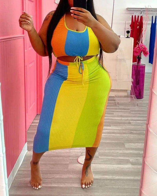 Plus size colorblock ribbed crop top skirt set rainbow