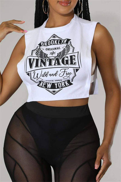 Fashion casual print hollowed out o neck tops vintage
