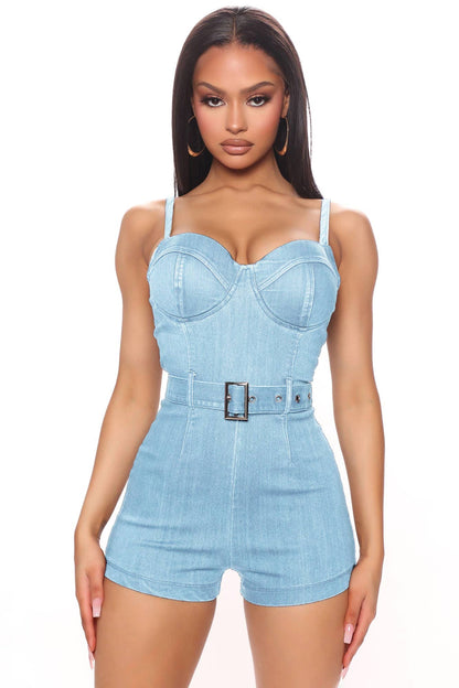 PADDED BRA CUP DENIM ROMPER WITH BELT