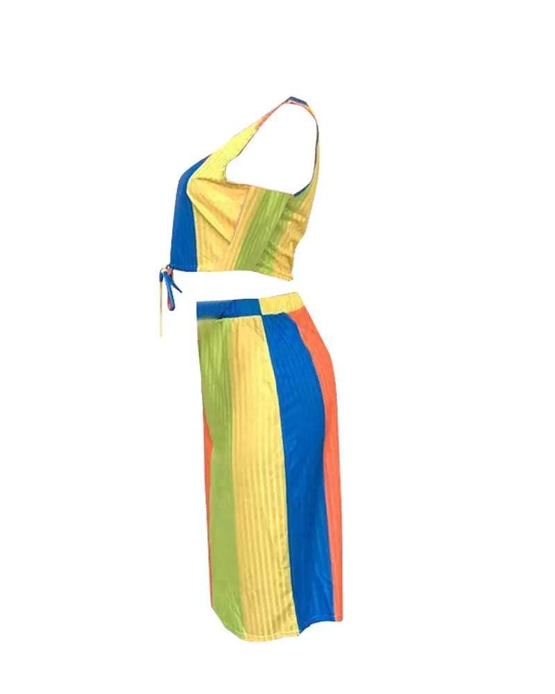 Plus size colorblock ribbed crop top skirt set rainbow