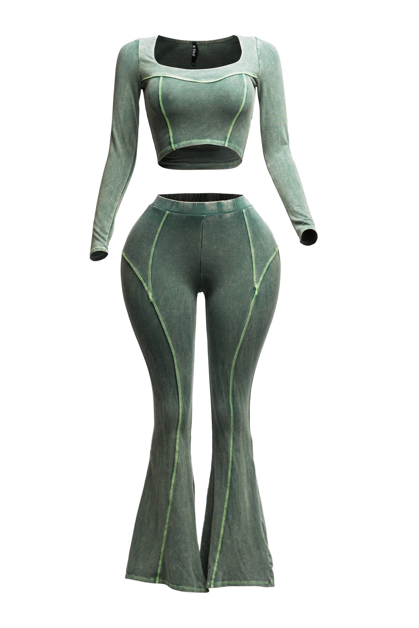 Mineral washed long sleeve crop top &  pants set