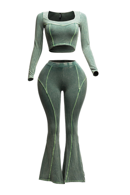 Mineral washed long sleeve crop top &  pants set