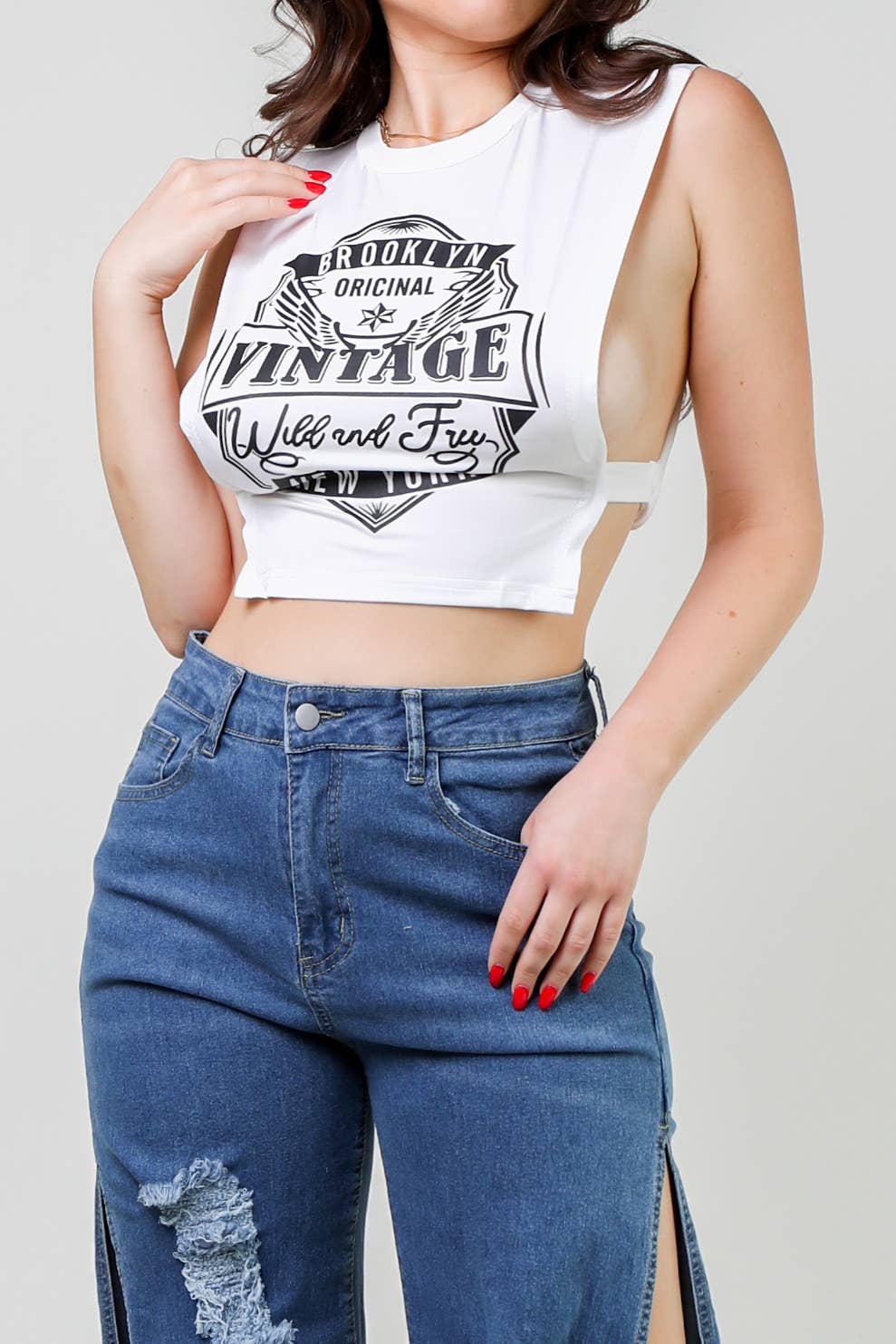 Fashion casual print hollowed out o neck tops vintage
