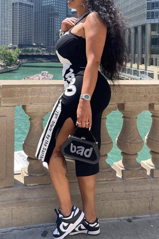 Graphic tank pencil midi dress racing black