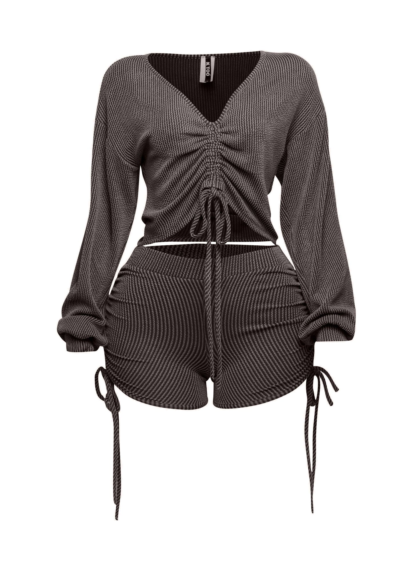 Ruched drawstring crop top & shorts set