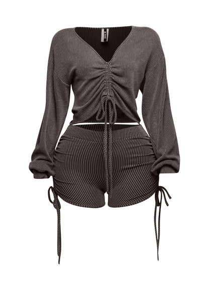 Ruched drawstring crop top & shorts set