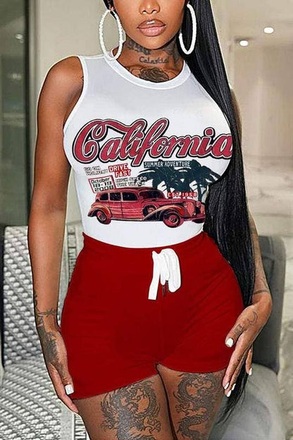 Graphic Tee and Shorts Set - Sleeveless Racer Car Design