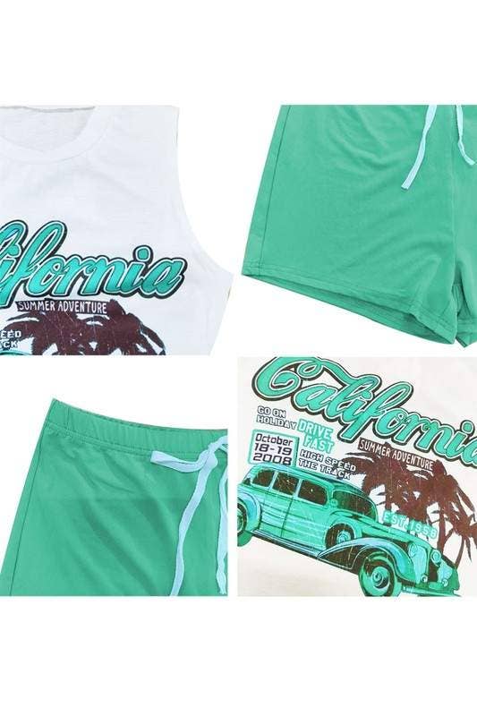 Graphic Tee and Shorts Set - Sleeveless Racer Car Design