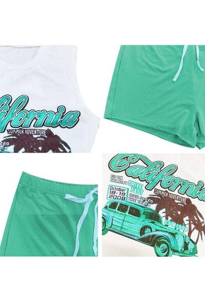 Graphic Tee and Shorts Set - Sleeveless Racer Car Design
