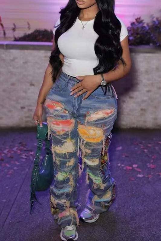 Ripped cutout long jeans women