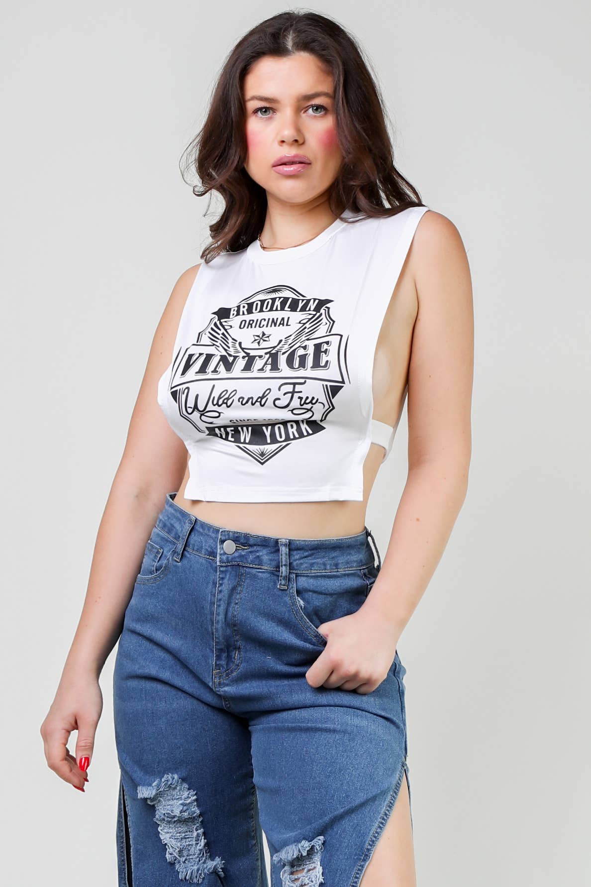 Fashion casual print hollowed out o neck tops vintage