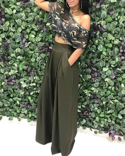 Cold shoulder bat sleeves camo tops