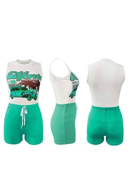 Graphic Tee and Shorts Set - Sleeveless Racer Car Design