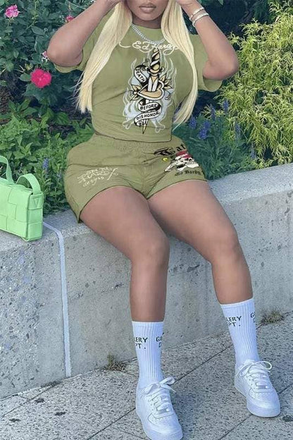 Graphic t shirt and shorts set Ed hardy green