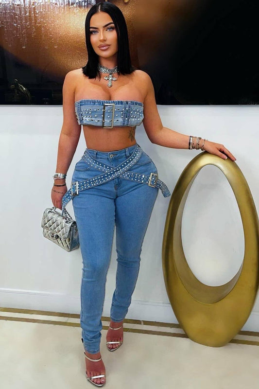 BUCKLE FRONT DENIM CROP TOP AND SKINNY JEANS SET