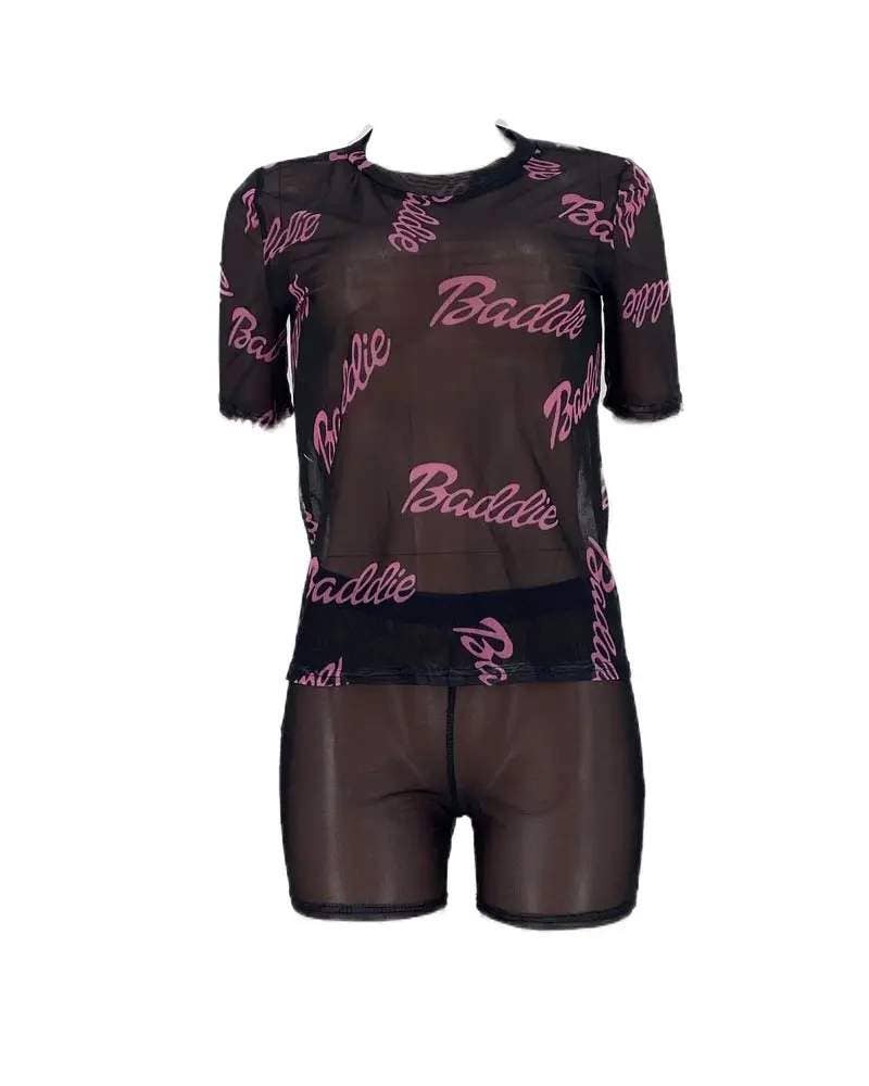 Letter print sheer mesh top shorts set