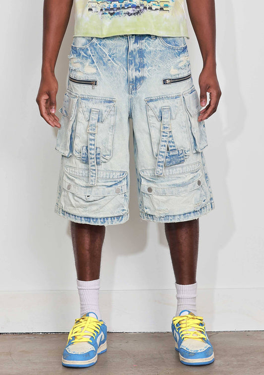 WASHED MULTI CARGO DENIM JORTS