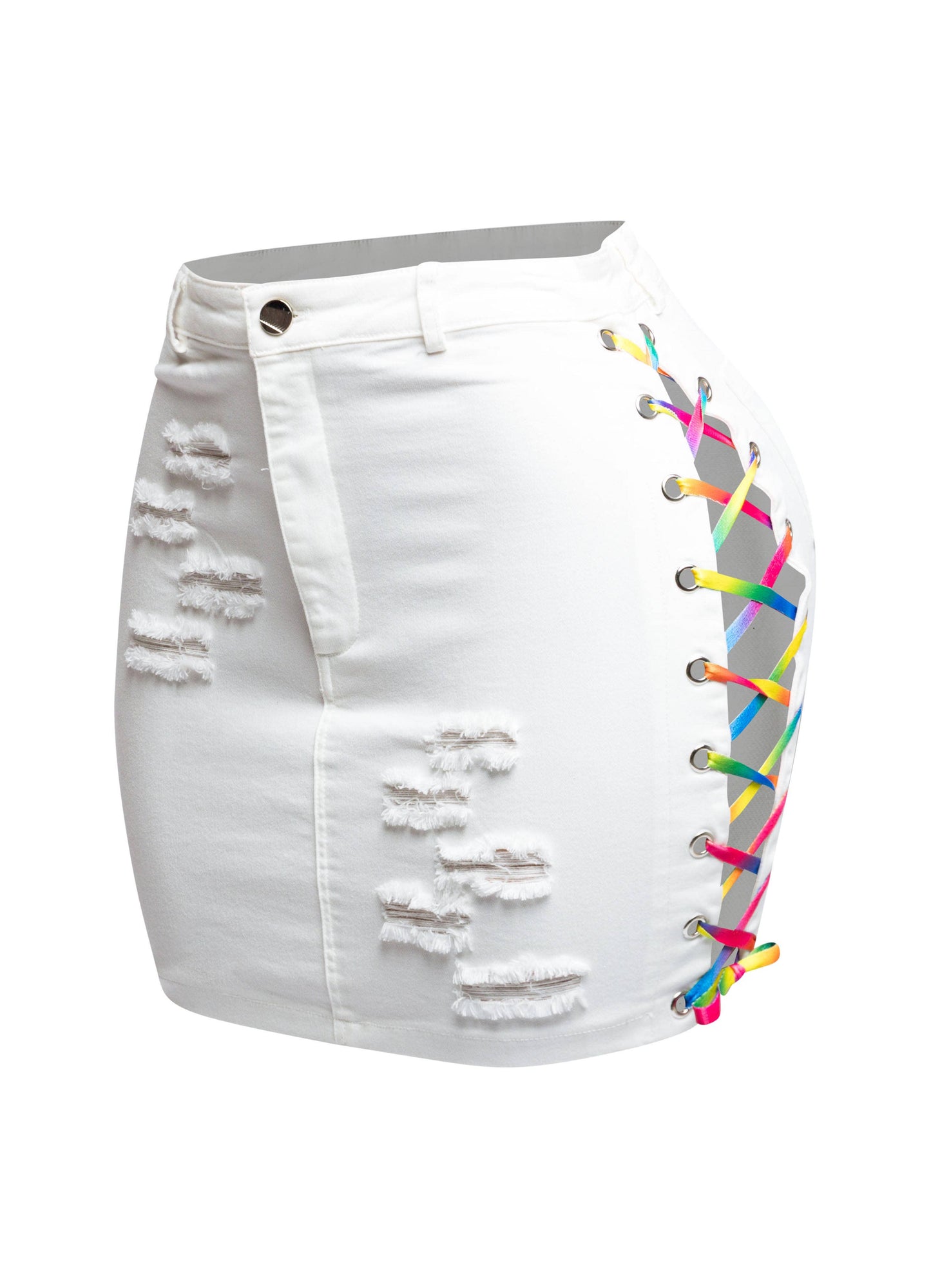 Distressed Denim Skirt With Rainbow Shoe Lace Up