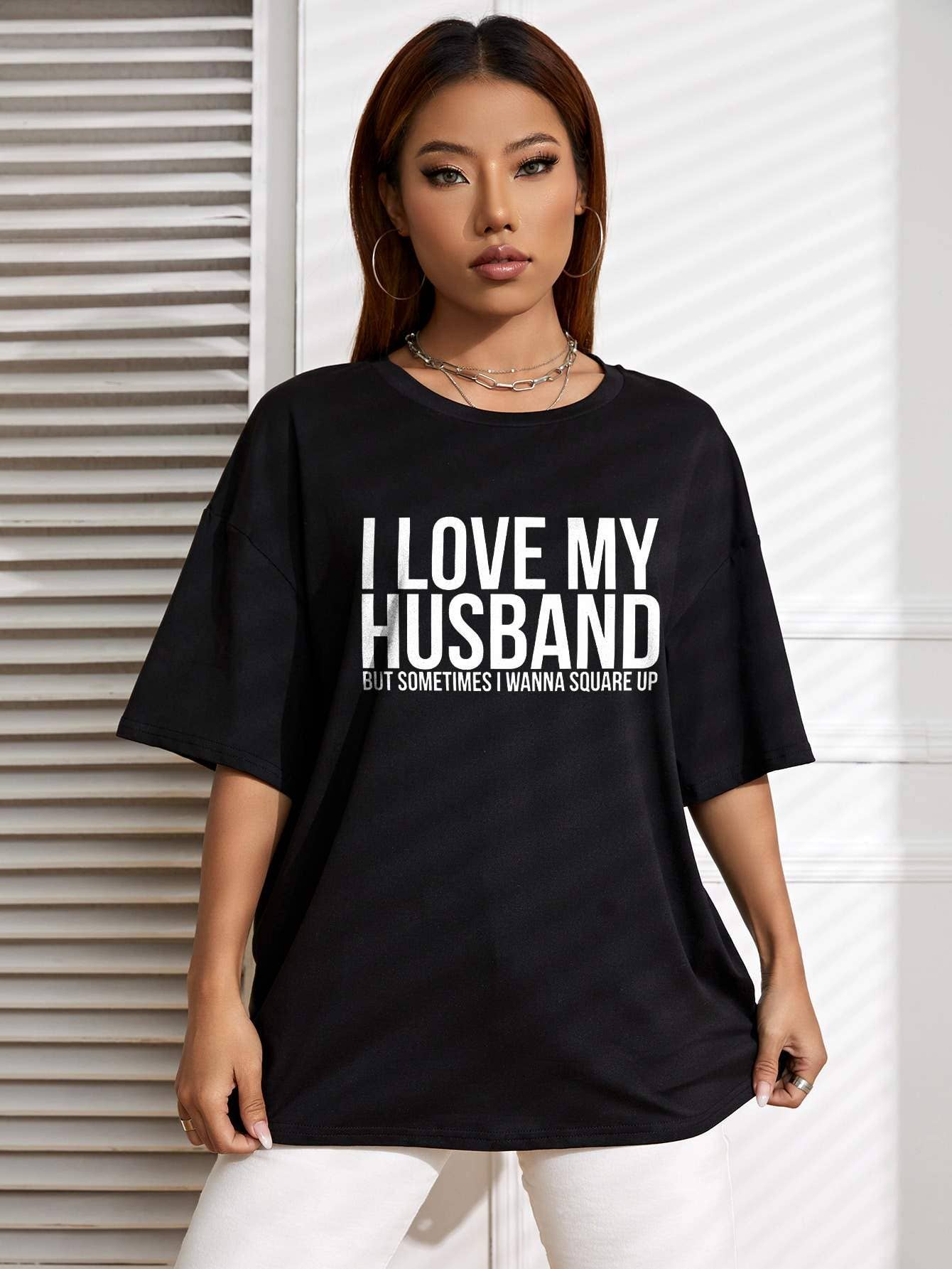 Ezwear slogan graphic drop shoulder tee I love my husband