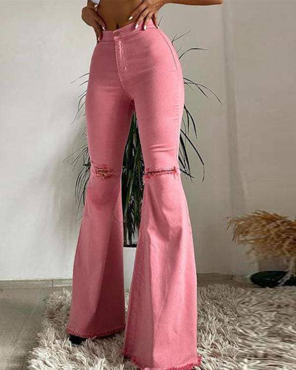 Stretch ripped raw hem flare leg skinny jeans pink