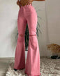 Stretch ripped raw hem flare leg skinny jeans pink