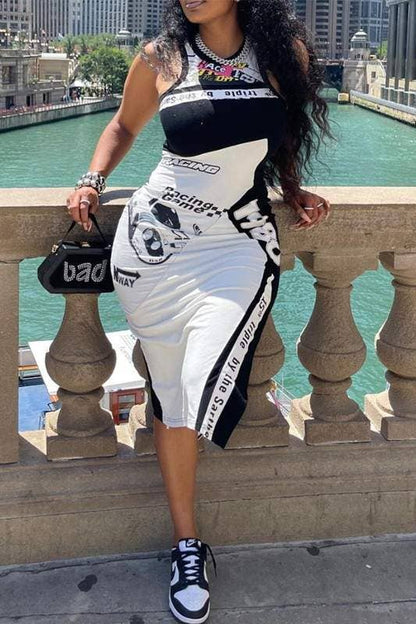 Graphic tank pencil midi dress racing black