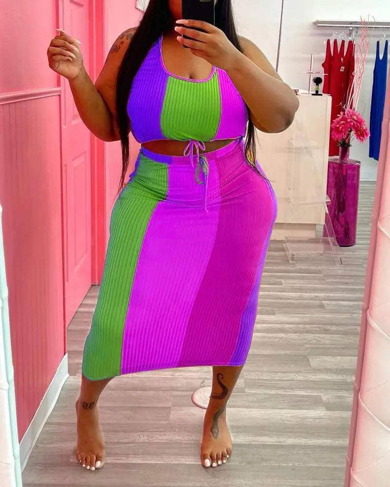 Plus size colorblock ribbed crop top skirt set rainbow