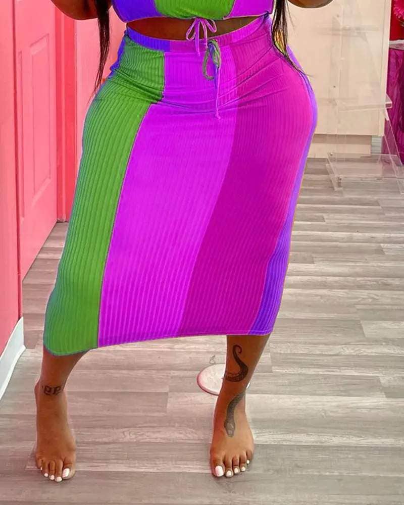 Plus size colorblock ribbed crop top skirt set rainbow
