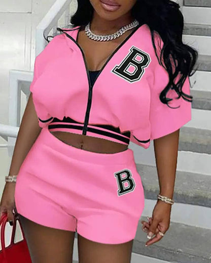 Letter print striped zipper design top shorts set black B