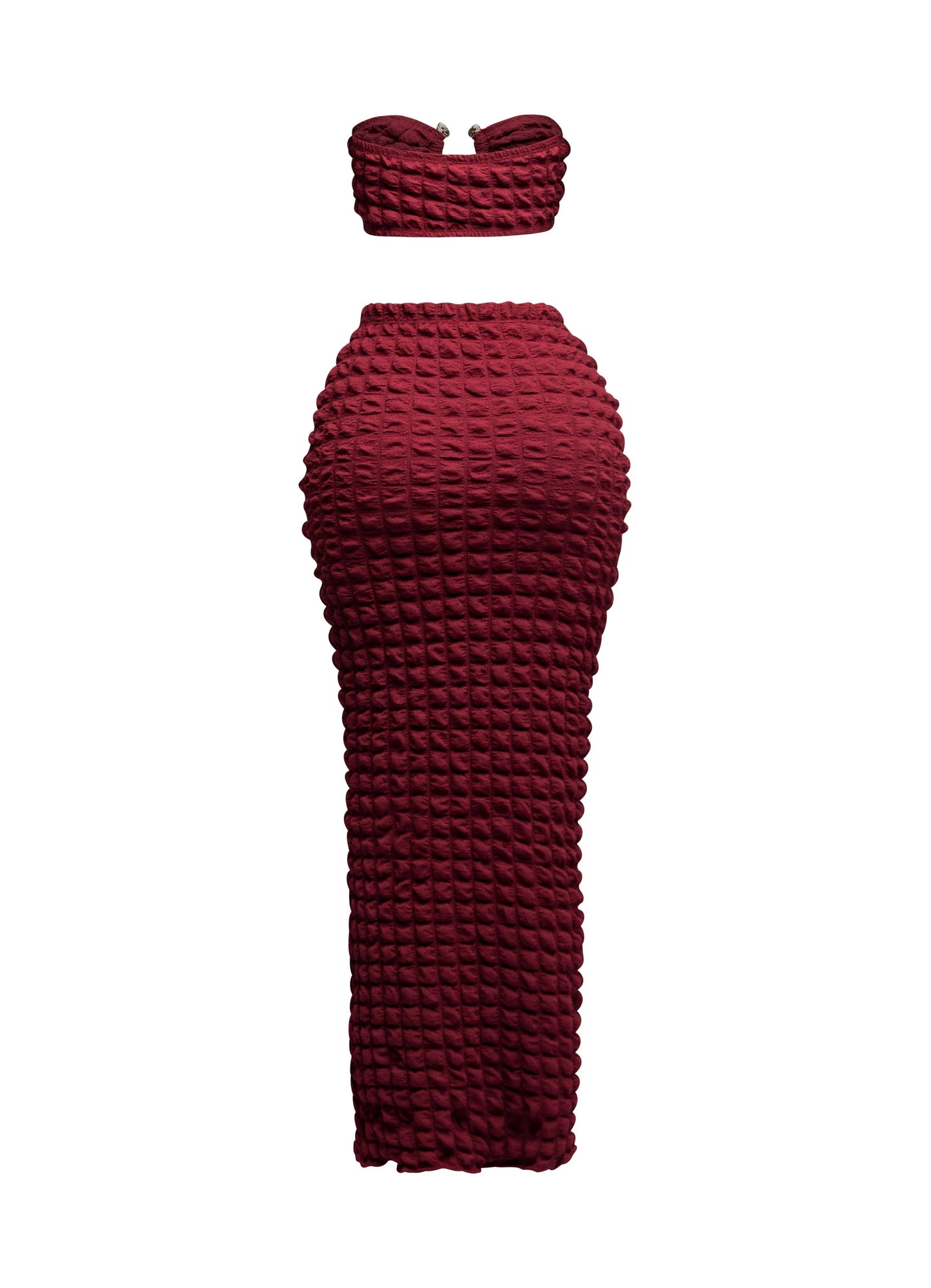 Popcorn gold trimmed bandeau top & skirt set: BURGUNDY