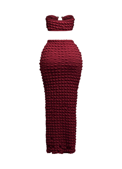 Popcorn gold trimmed bandeau top & skirt set: BURGUNDY