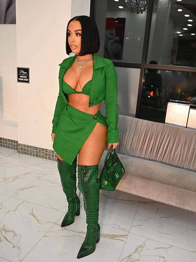 Sexy solid bra with skirt three piece set green