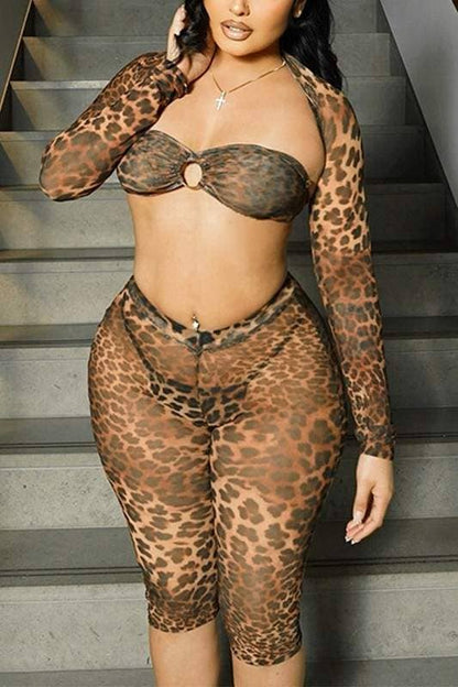 Leopard sheer lace up tube shawl shorts set 3 piece set