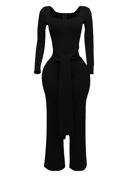 Plus Size Ribbed long sleeve jumpsuit with tie