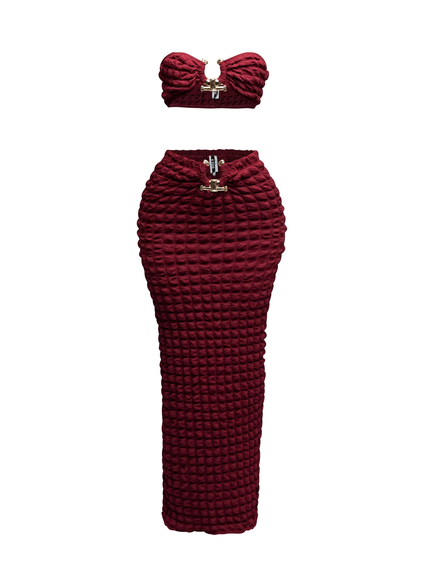 Popcorn gold trimmed bandeau top & skirt set: BURGUNDY