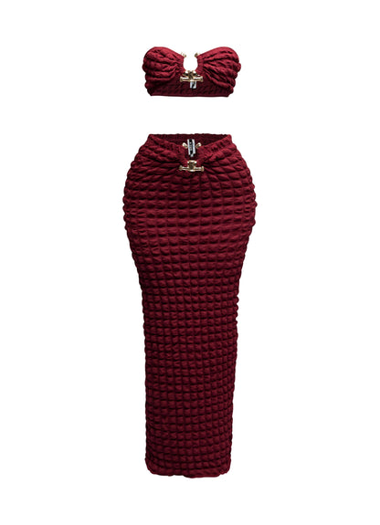 Popcorn gold trimmed bandeau top & skirt set: BURGUNDY