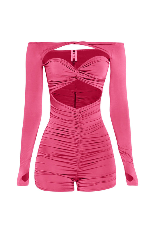 Off shoulder cut out front ruched romper