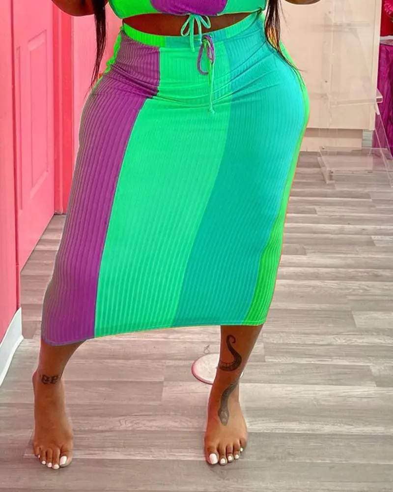 Plus size colorblock ribbed crop top skirt set rainbow