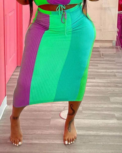 Plus size colorblock ribbed crop top skirt set rainbow