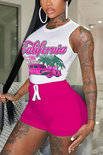 Graphic Tee and Shorts Set - Sleeveless Racer Car Design