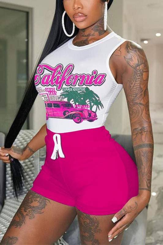 Graphic Tee and Shorts Set - Sleeveless Racer Car Design