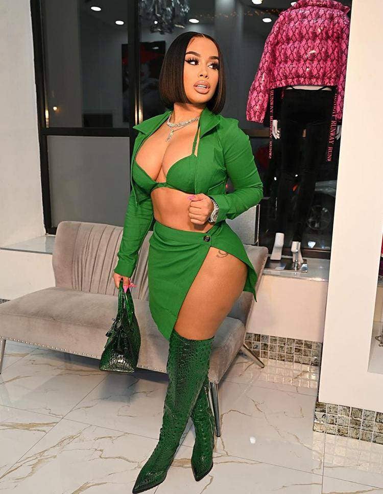 Sexy solid bra with skirt three piece set green
