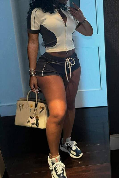 Zip up fitted shirt and shorts set beige light brown