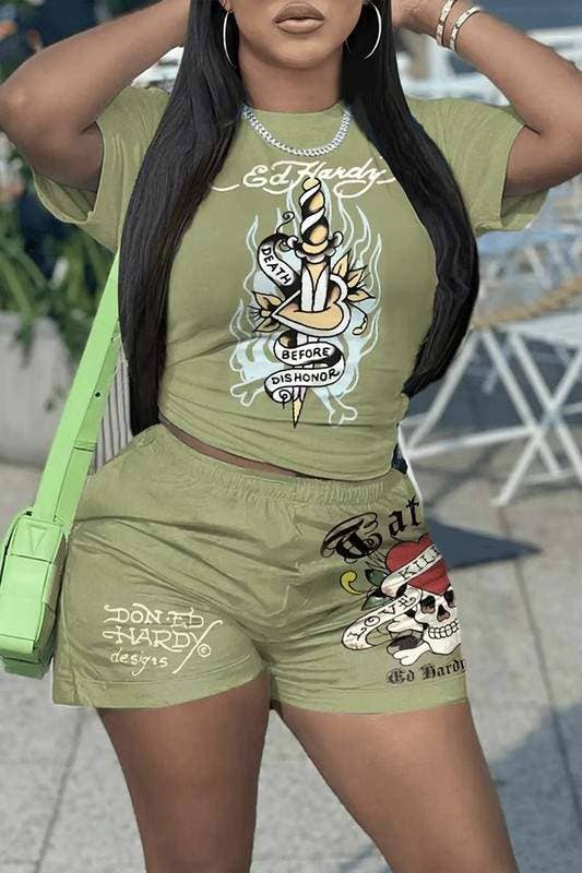 Graphic t shirt and shorts set Ed hardy green