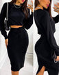 Print long sleeve top drawstring shirred skirt set