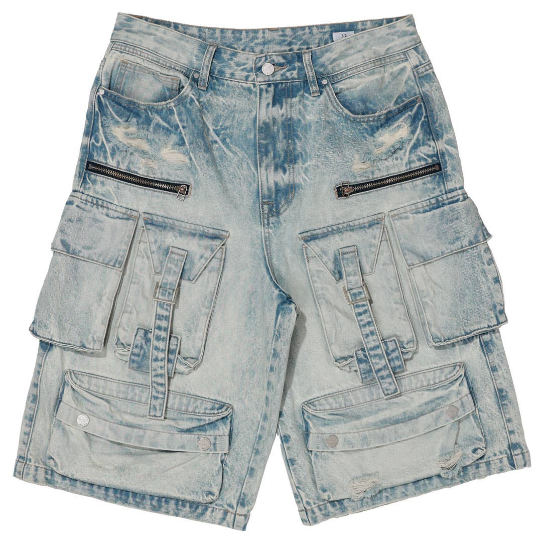 WASHED MULTI CARGO DENIM JORTS
