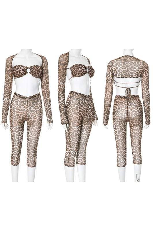 Leopard sheer lace up tube shawl shorts set 3 piece set