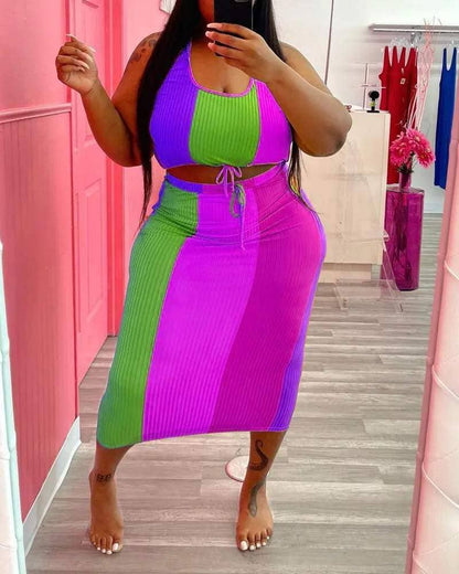 Plus size colorblock ribbed crop top skirt set rainbow