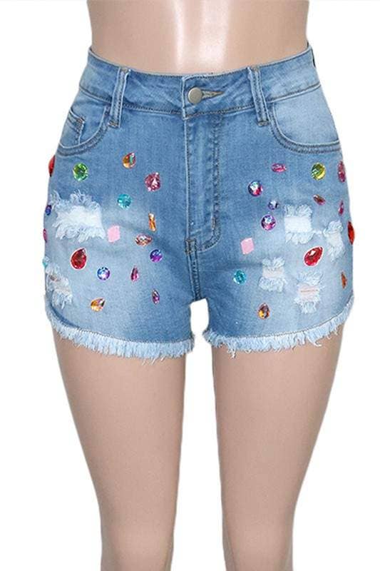 Color gem ripped denim shorts