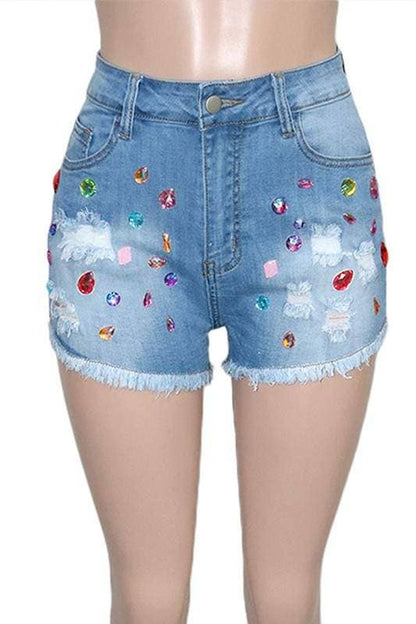 Color gem ripped denim shorts